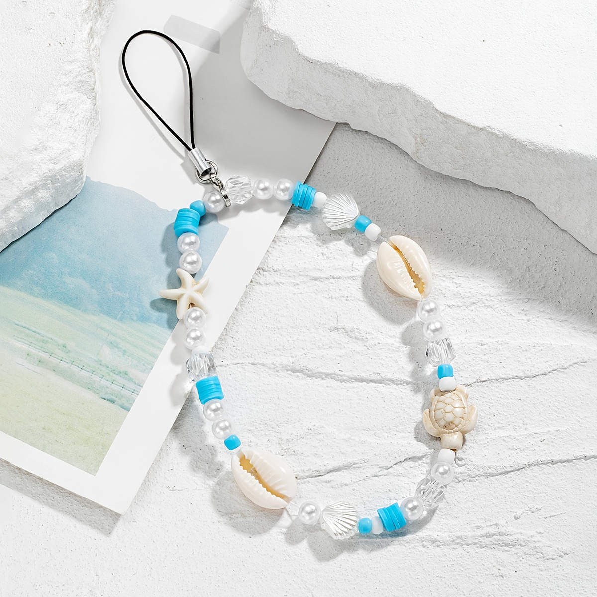 E-shop Stilvolles Muschel-Handyband mit Seestern und Schildkrötenperlen – Strand-Serie Kameraanhänger im Ozean-Motiv