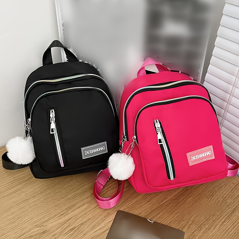 

Classic Nylon Backpacks With Pompom Accessory, Casual Travel Beach Bags, Lightweight Commuter Backpack, School Or Work Daypack
