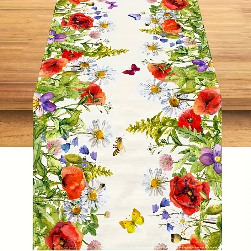 

1pc, Linen Table Runner, Colorful Floral & Butterfly Pattern Table Runner, Spring Summer Themed Tablecloth, Festive Farmhouse Decor, Room Decor