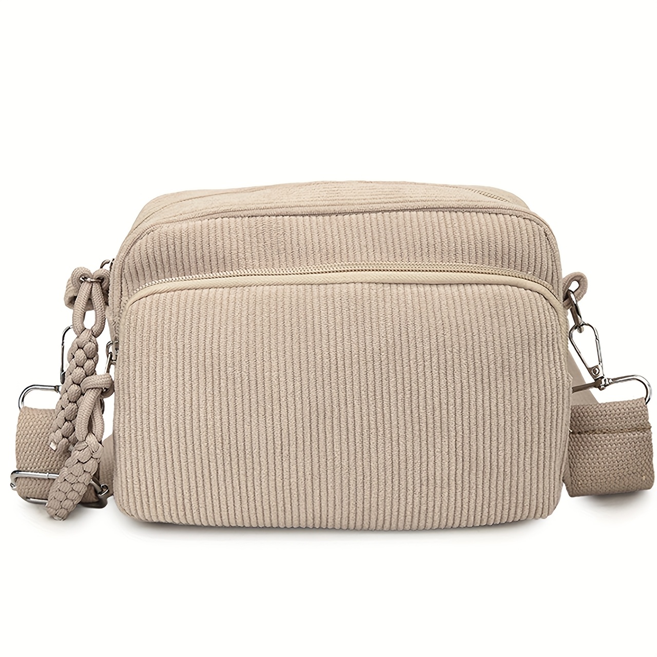 E-shop Damen-Cord-Umhängetasche, einfarbig mit verstellbarem breitem Riemen, Schultertasche im Harajuku-Stil, Reißverschluss mit Quaste, Umhängetasche