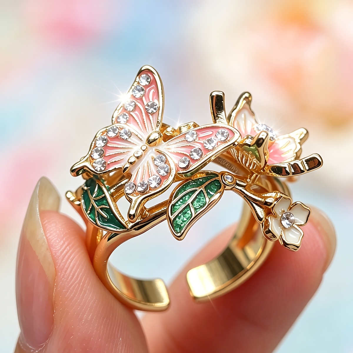 TEMU 1pc Fashionable And Exquisite Enamel Pink And White Rhinestone Flower And Women's Ring, Suitable For Daily Commutes, Parties, Summer Vacations,