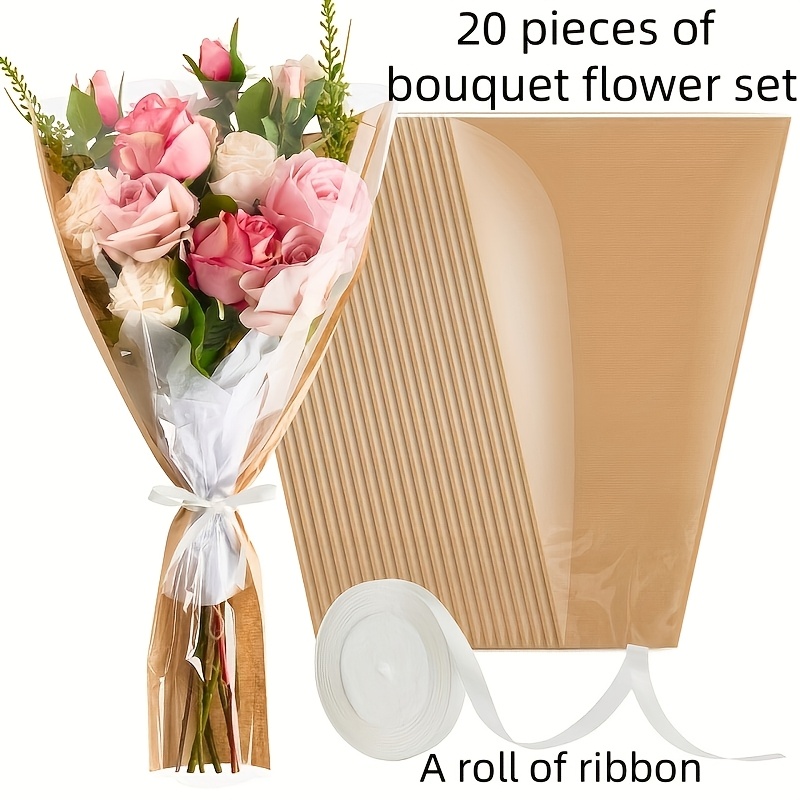Image of 20pcs Bouquet Flower Set, Flower Wrapping Paper Paper Floral Packaging Bag With Ribbon Suitable For Flower Shop Supplies For Wedding Mother's Day ( )
