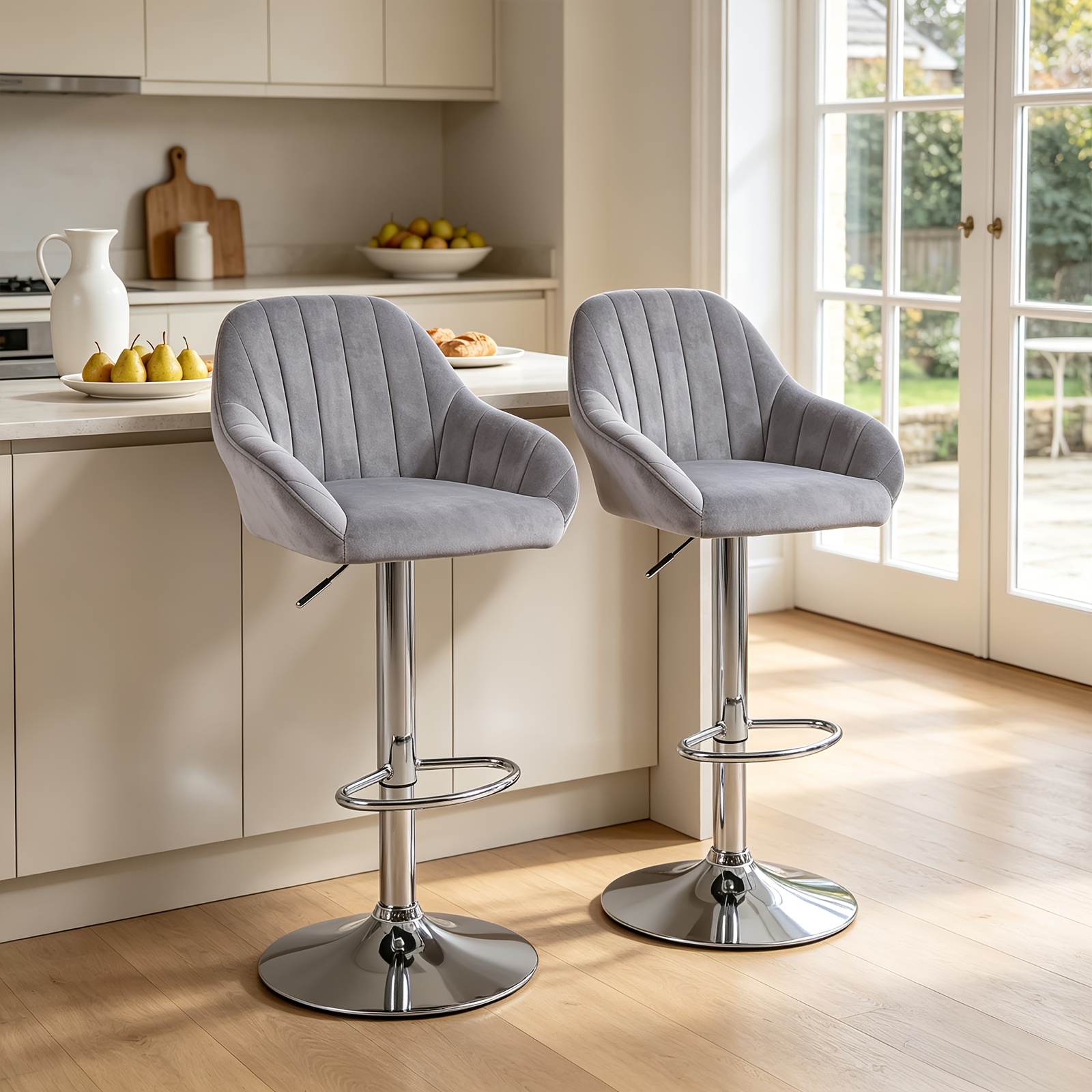 Image of Modern Stools Set Of 2 With Armrests And Backrest, Swivel Kitchen Stools, Upholstered Counter Stools For Kitchen Island, Home Bar, Cafe