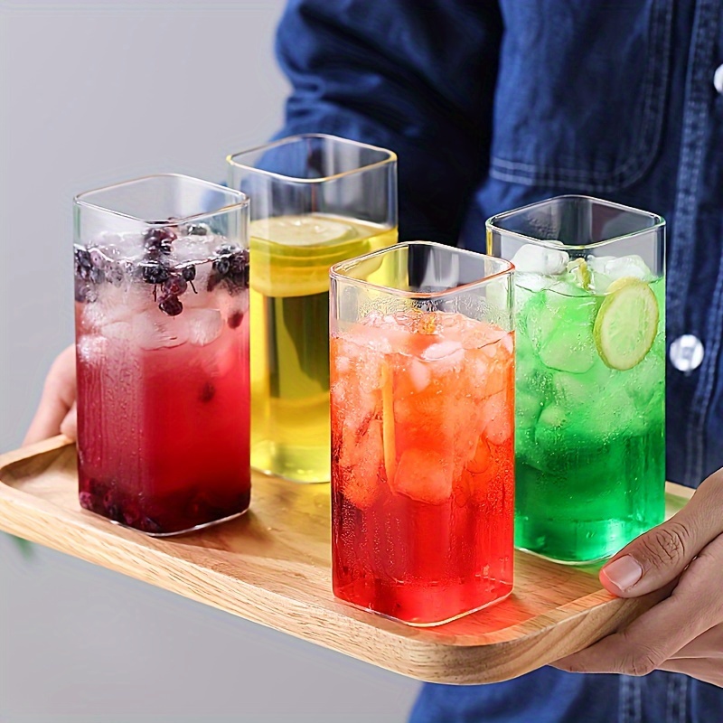 

4pcs, Square Glass Cups, High Borosilicate Glass Water Cup, Iced Coffee Cups, Drinking Glasses For Juice, Milk, Tea, And More, Summer Winter Drinkware