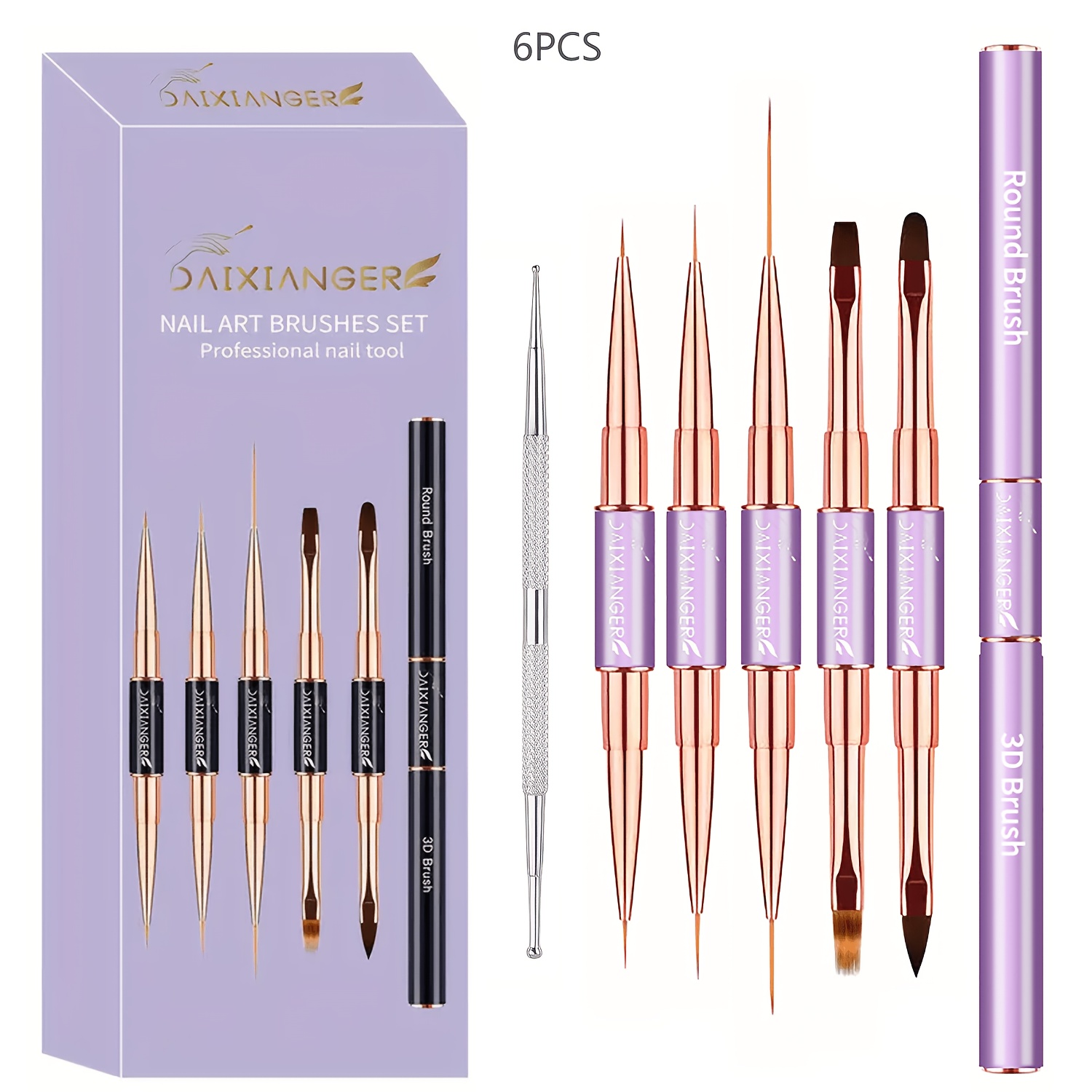TEMU Kit de uñas profesional Dxebig de 6 piezas de punta con cabezales de brocha de nailon - Rotuladores punteadores de puntas y brochas de uñas