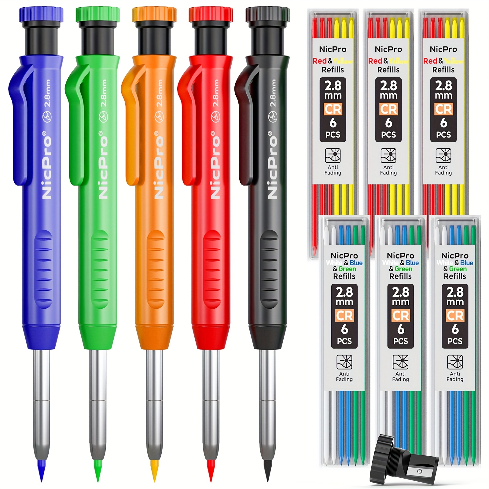 

Nicpro 5/6pack Carpenter Pencil With Sharpener, Mechanical Pencils Set With 41/54refills (red, Black, Yellow, White, Green, Blue) Deep Hole Marker Construction Heavy Duty Woodworking Pencils With Case