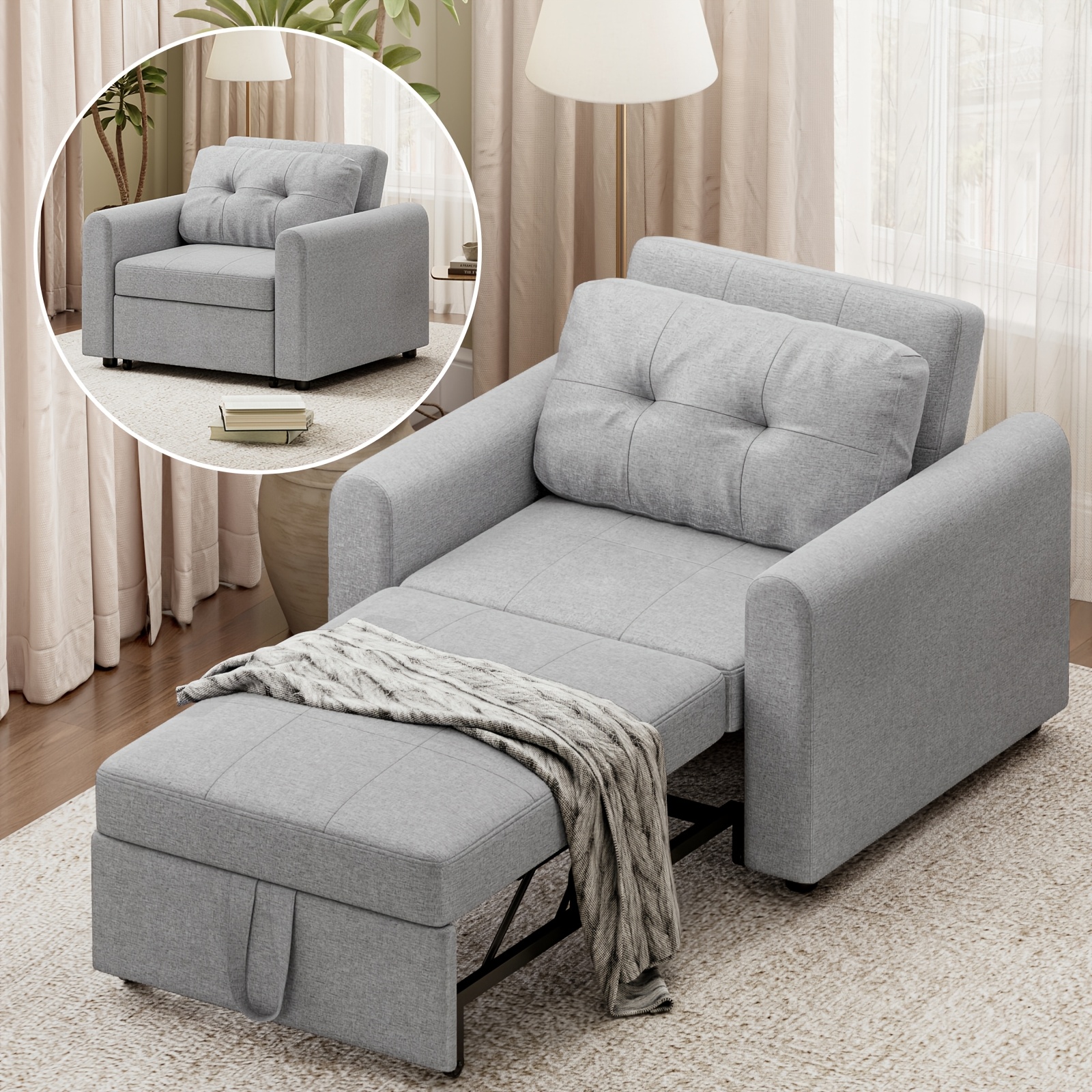 3-in-1 Convertible Single Sofa Bed With Pull-out Sleeper, Adjustable Backrest & Foam - Space- Bed/sofa/chair For Small Apartments, Dorms, - Assembly, Grey Modern Furniture (no Wood)
