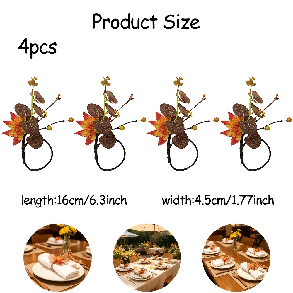 TEMU Lot de 4 ronds-de-serviette en rotin plastique avec feuilles d'érable orange et d'eucalyptus, décorations de table élégantes, ronds-de-serviette
