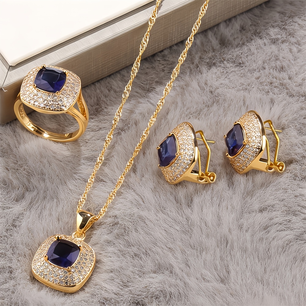 TEMU 4pcs Elegant Vintage Square Jewelry Bridal Wedding Set, Women's Fashion Earrings Necklace Pendant + Ring + Earrings, Adjustable, Multiple Colors