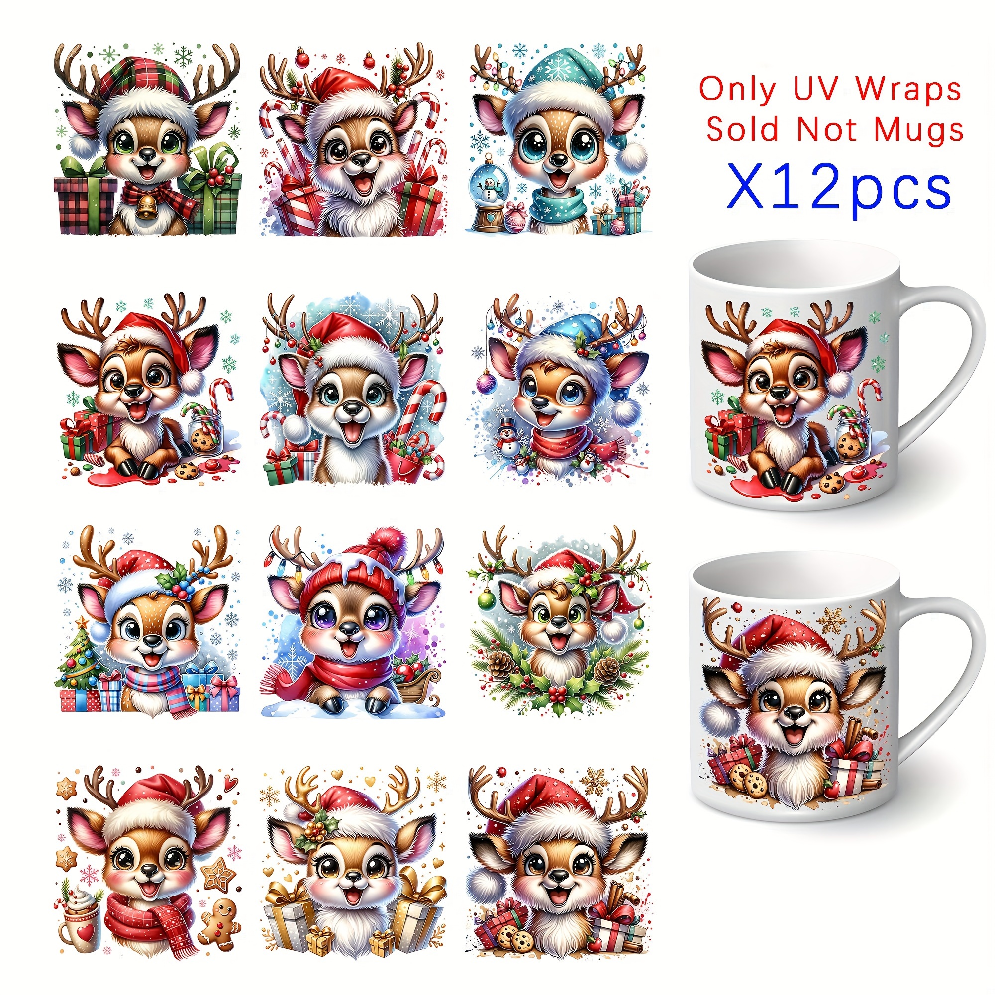 

Christmas Reindeer And New Year Gift Diy Uv Transfer Stickers For Mugs, 12-piece Set - Waterproof, Self-adhesive Pvc Decals For Cups, Bottles, Laptops - Matte Plastic Material