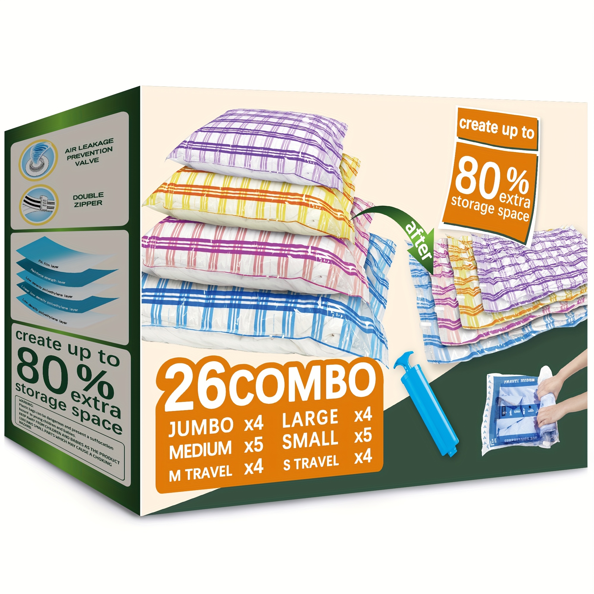 Image of 26pcs Vacuum Storage Bags With Hand Pump - Space Saver For Comforters, Blankets & Clothes, 80% Extra Storage, Double Zipper Seal, Plastic Bags For & Protection, Vacuum Storage Bags For Clothes