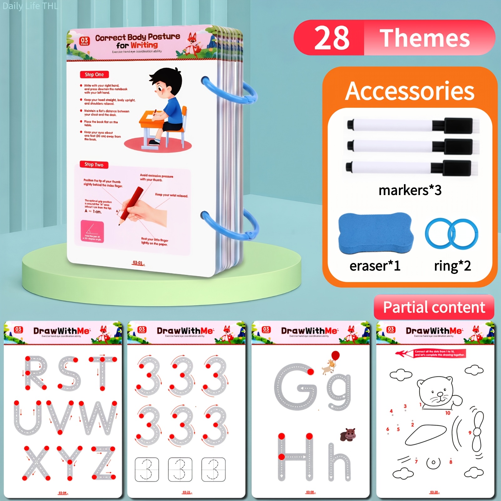 TEMU Libro riutilizzabile per l'apprendimento di lettere e con penna, 28 temi, kit cancellabile di disegno con punti di collegamento per bambini e 1
