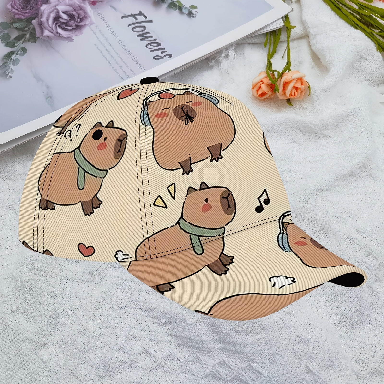 TEMU Adjustable Cartoon Capybara Baseball Cap - Lightweight, Machine Washable Polyester Hat For Hiking, Running & Outdoor Travel - Gift