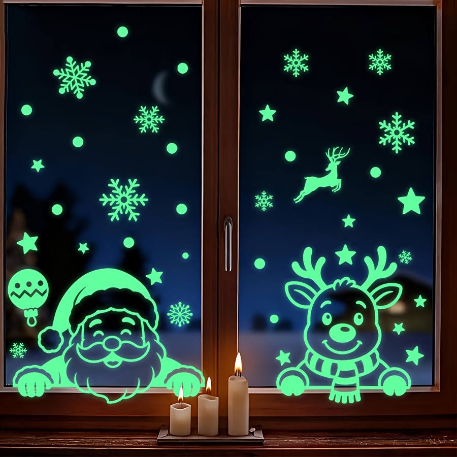 TEMU 2pcs Of -the-dark Christmas Window Clings, Santa Claus And Reindeer Static Cling Stickers, Luminous Christmas Snowflake And Star Vinyl Decals,