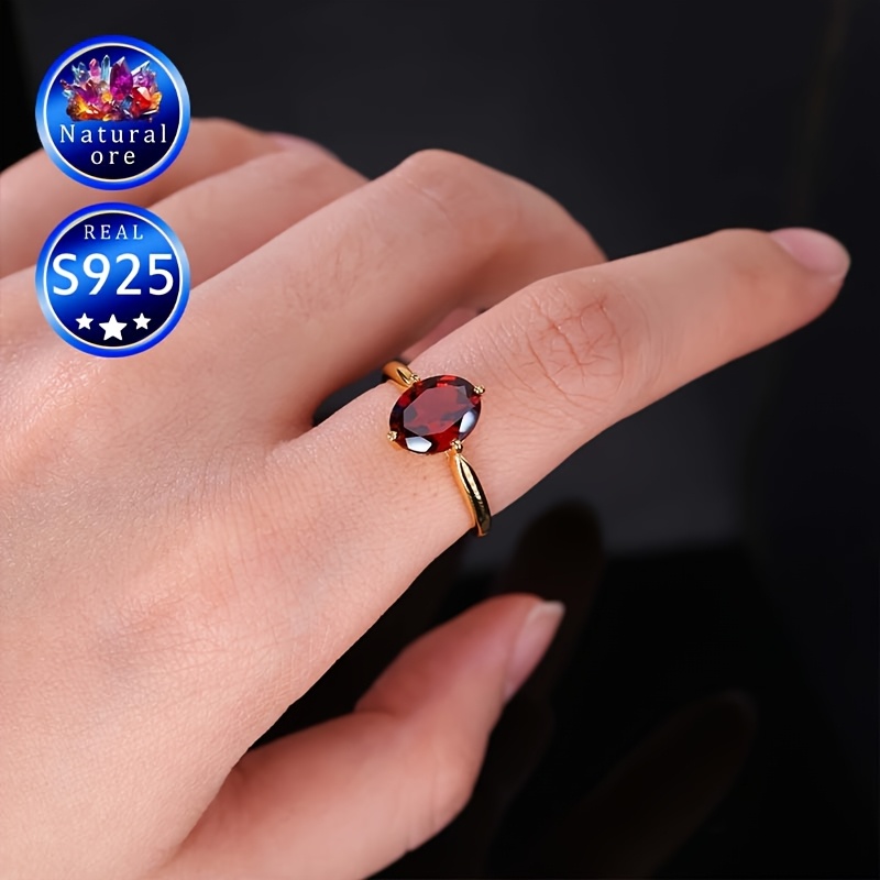 S925 Silver Adjustable Gemstone Ring with Red Garnet, Gift for Her
