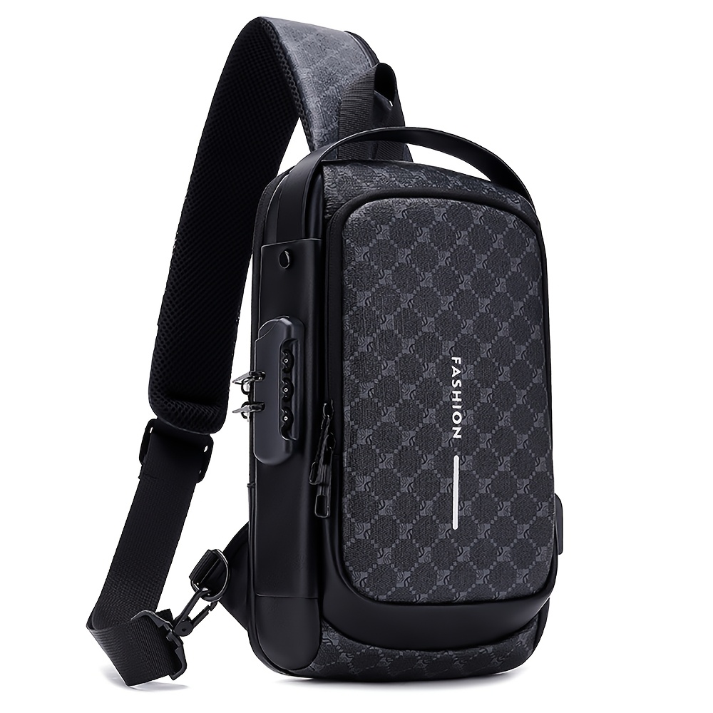 TEMU Men's & Women's Elegant Black -like Chest Backpack - Anti-theft Diagonal Bag With Adjustable Strap, Golden-tone Zippers & Grid Pattern, Compact