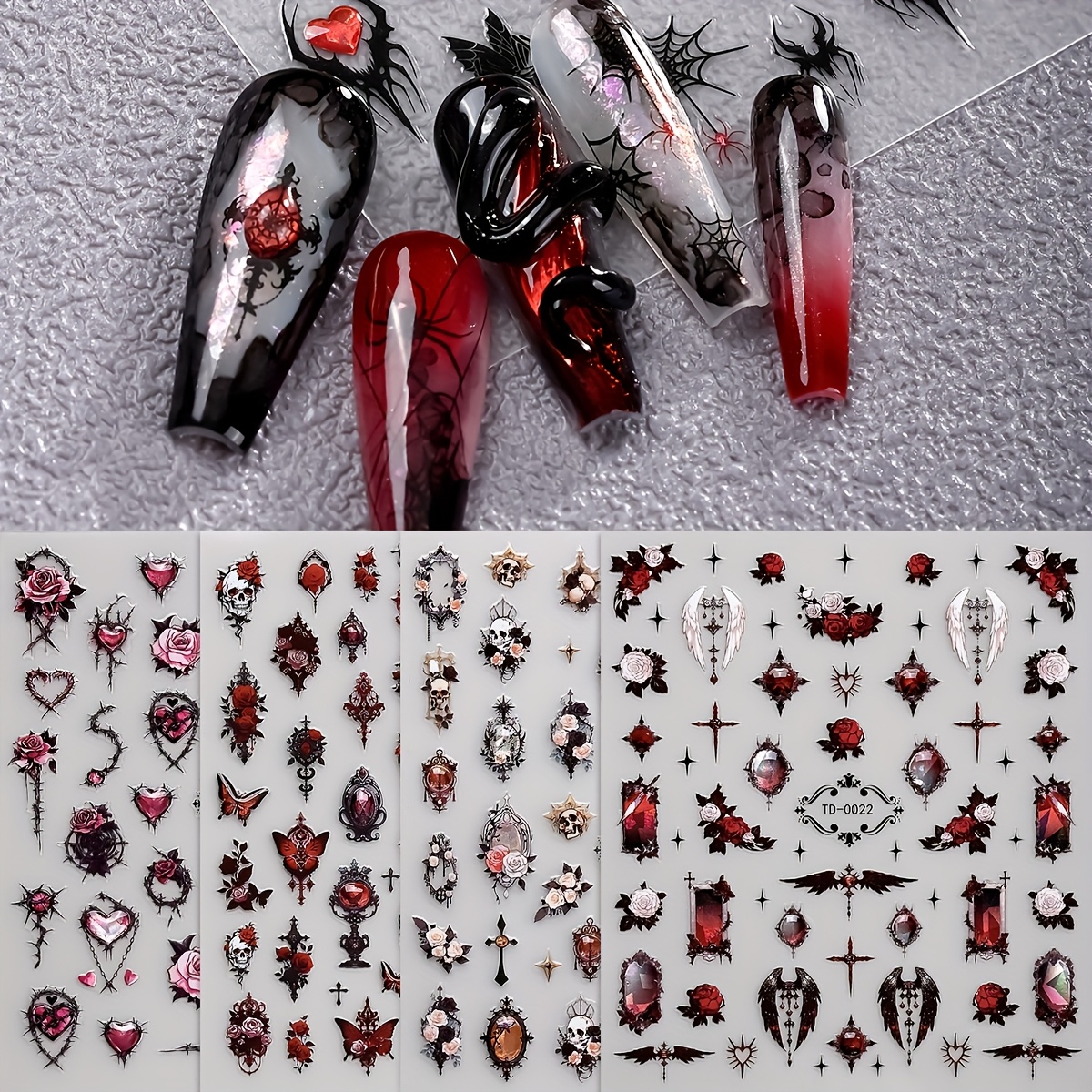 Image of Set Of 4 Gothic-themed Nail Art Stickers Featuring 5d Jelly Vintage Gemstone Designs, Including Rose, Heart, And Black Cat , Perfect For Women's Nail Art Projects