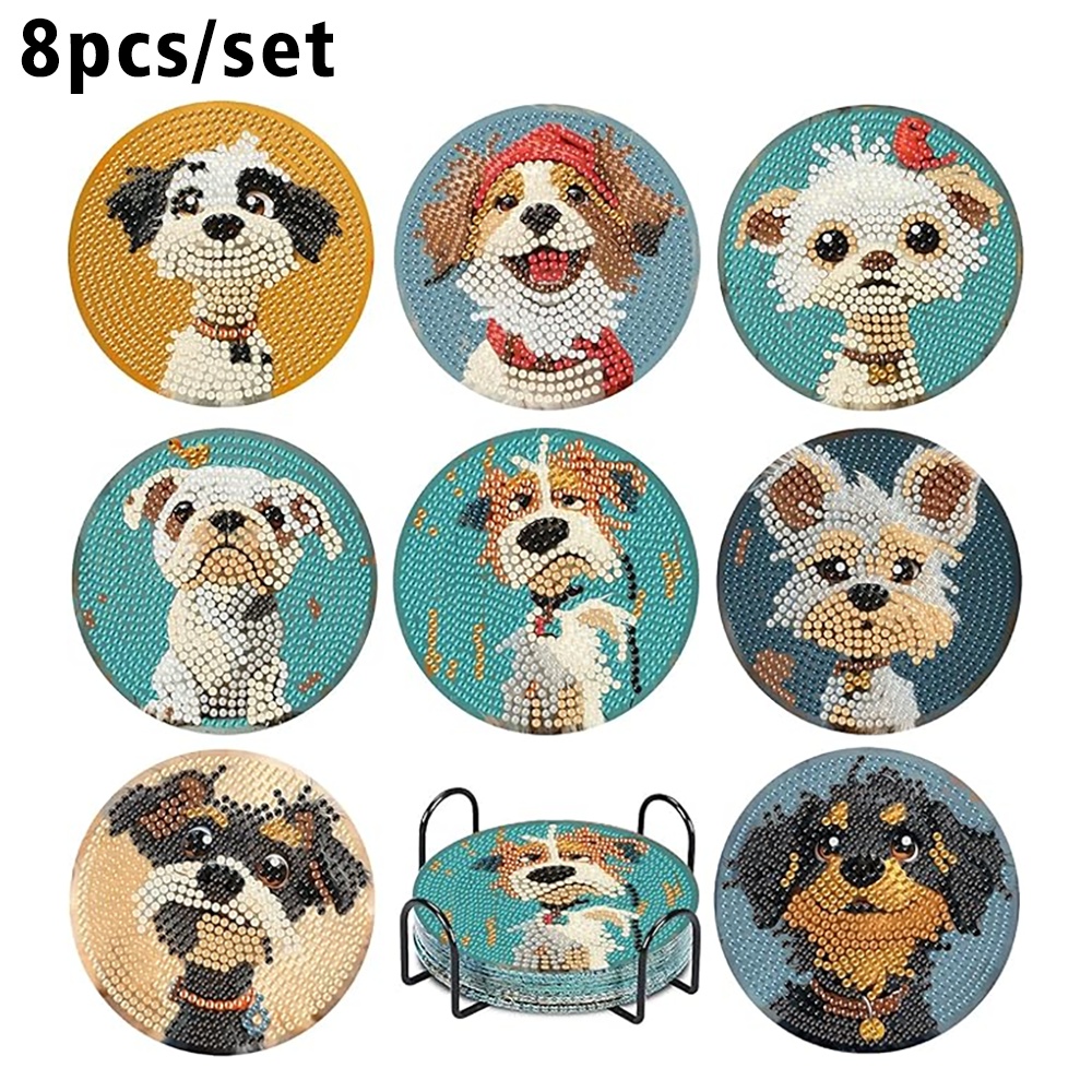 TEMU 8pcs Diamond Painting Coaster Set, Cute Animal Dog Pattern. Handmade Gift With Stand, Mosaic Craft