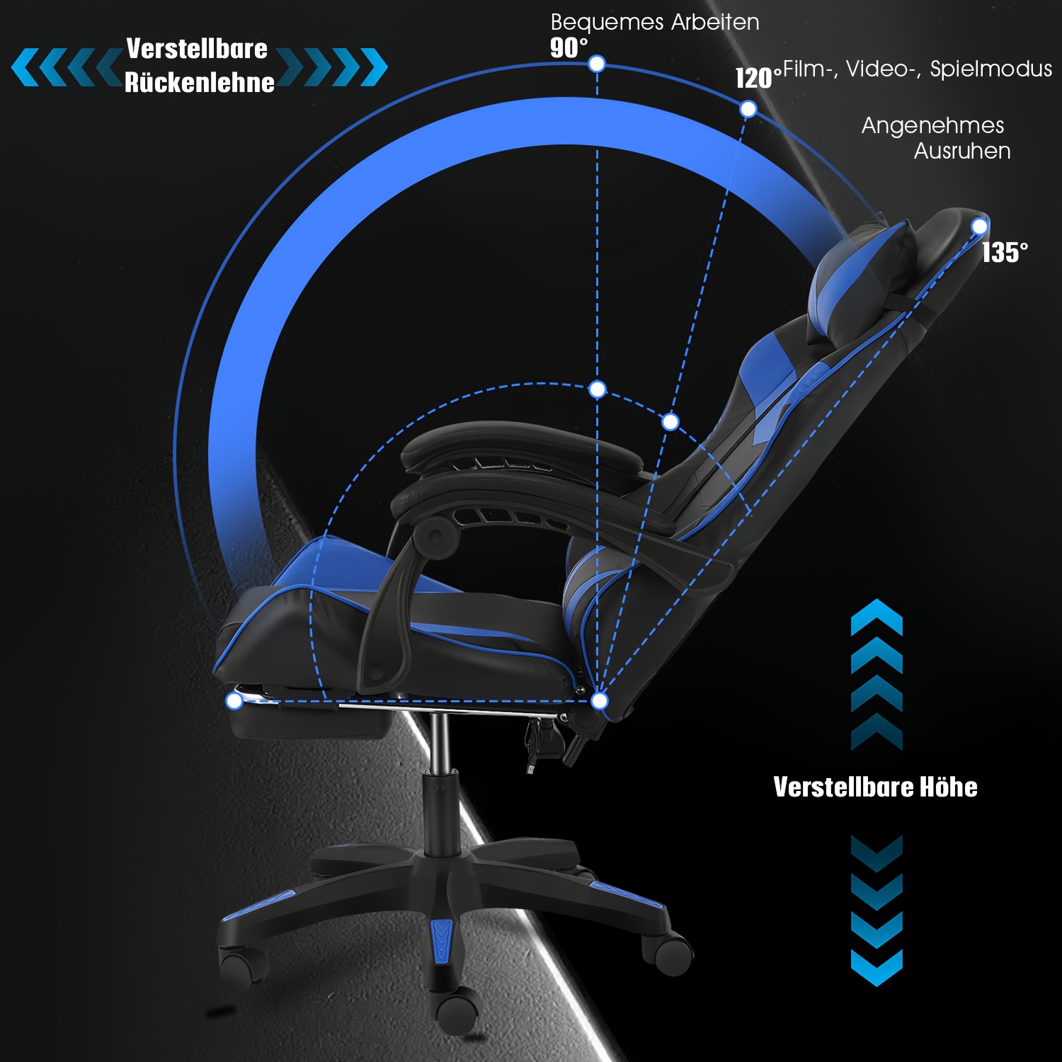 Ergonomische gamingstoel met lendensteun, hoofdsteun en voetensteun