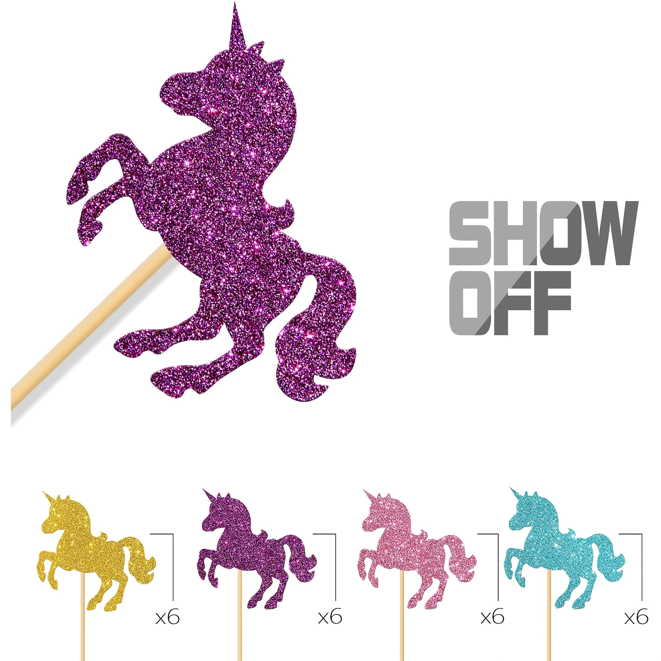 Image of 24pcs Of Unicorn-themed Cupcake Toppers For A Birthday Celebration In Purple, Teal, Golden, And Pink