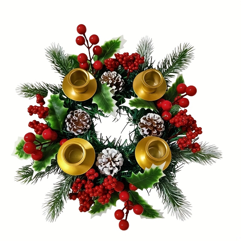 TEMU Christmas Artificial Berry Candle Holder Wreath With Golden Candle Base, Red Berries, Pinecones, Pine Branches, And Green Leaves For Festive