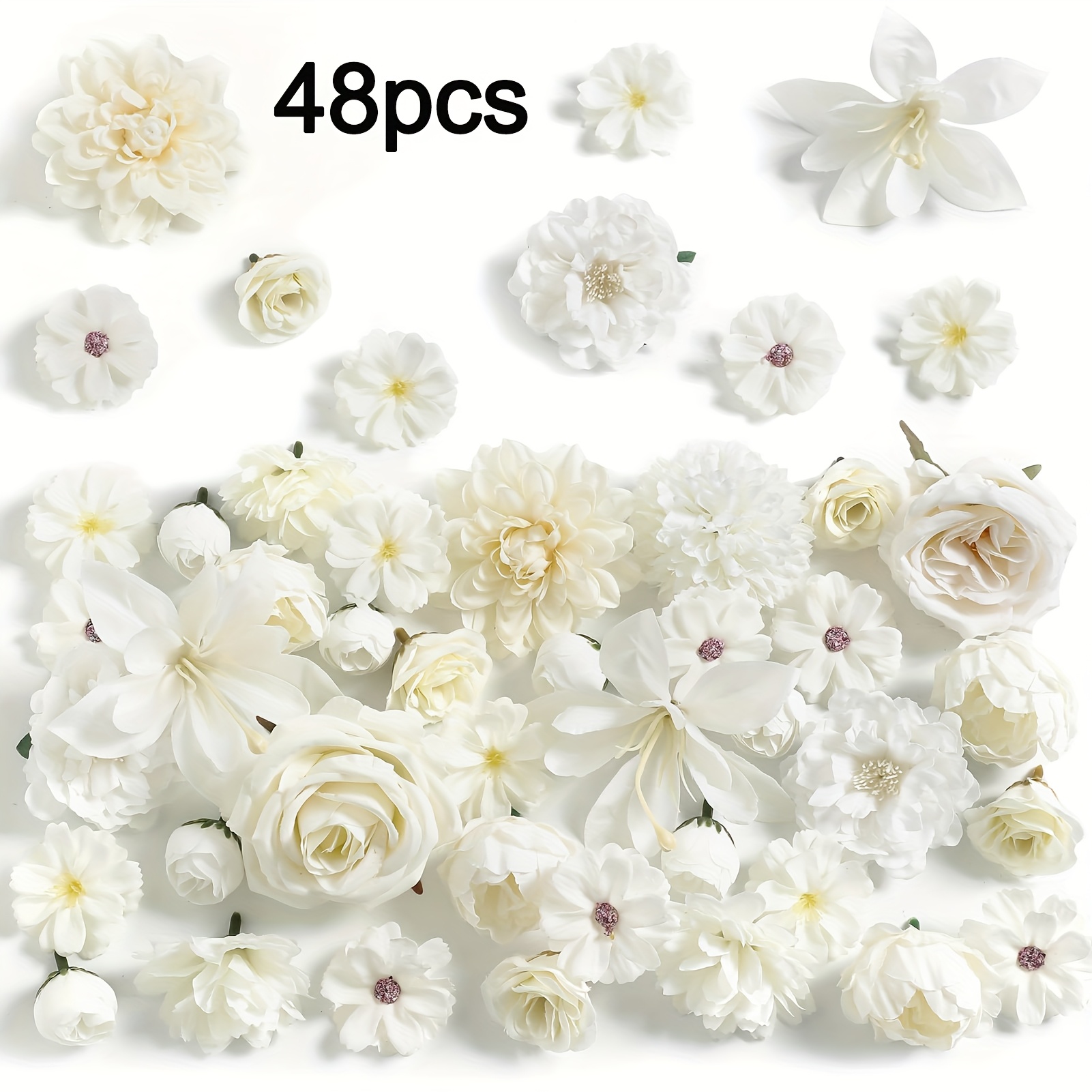 Artificial Flower Heads For Crafts - 48pcs Multi Silk Artificial Roses, Peonies, Daisies & Floral Heads Bulk For Wedding Decor, Graduation Cap, Cake Topper, Home Decoration
