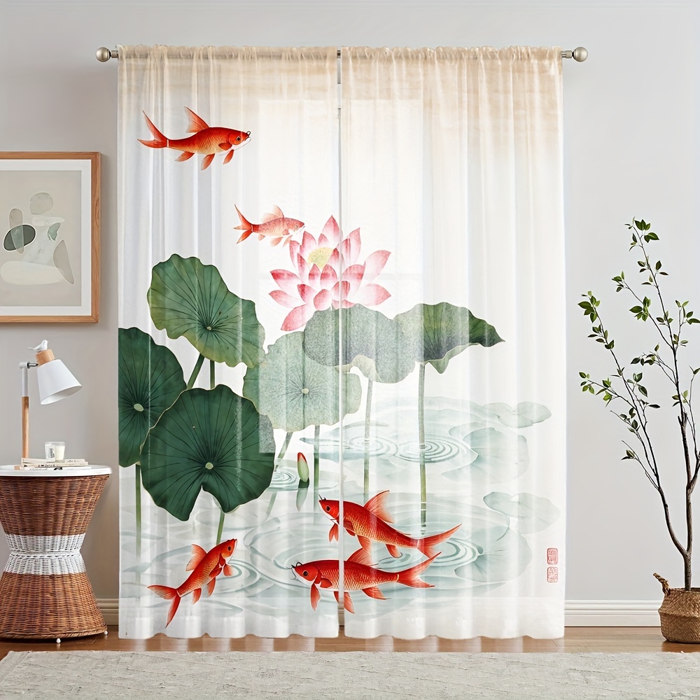 

2pcs Lotus & Koi Pattern Semi-sheer Curtains, Rod Pocket Decorative Window Drapes, Window Treatments For Bedroom Living Room, Home Decoration, Room Decoration