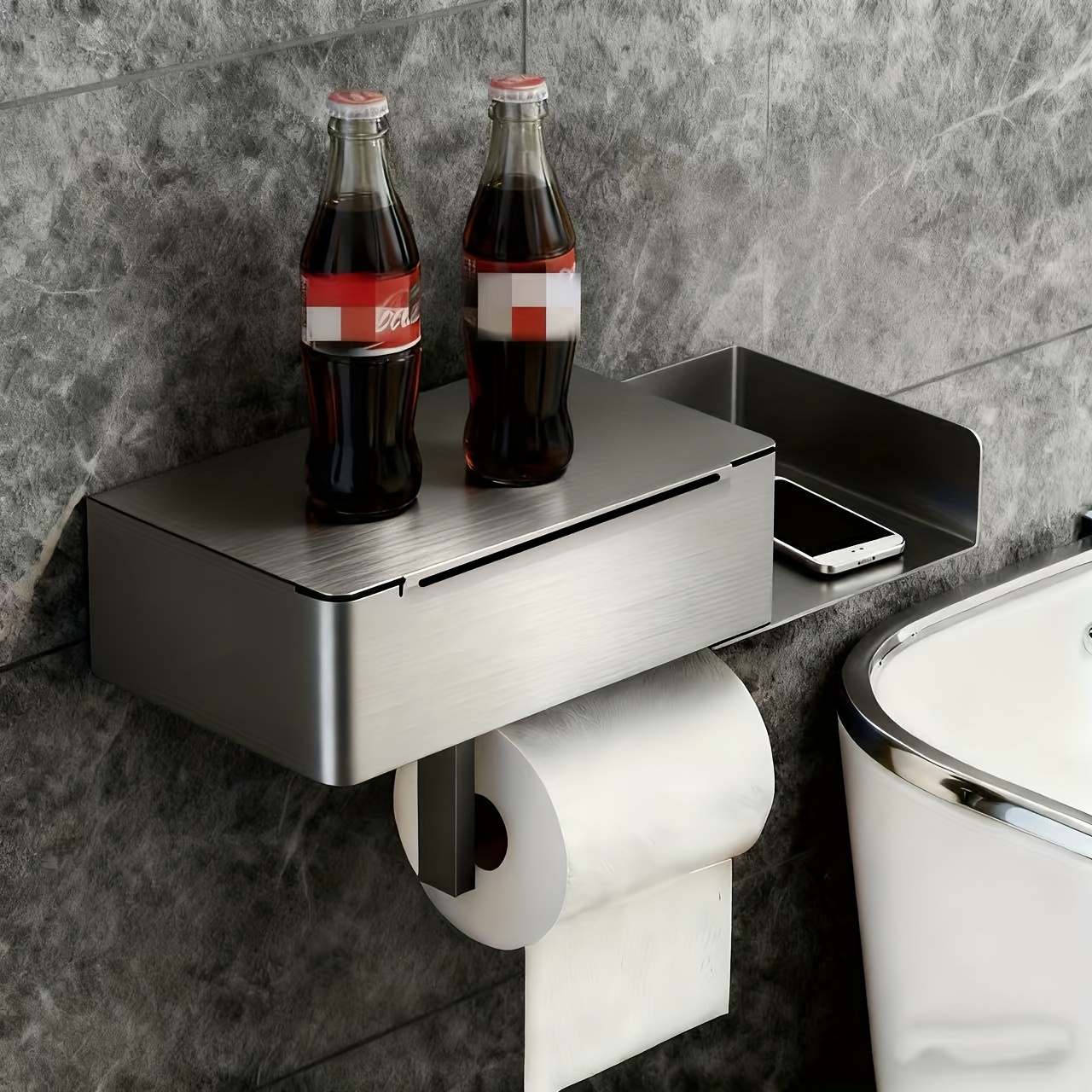 TEMU Thickened Extra-large Paper Towel Rack Stainless Steel Toilet Square Roll Paper Rack No Punching Paper Towel Box