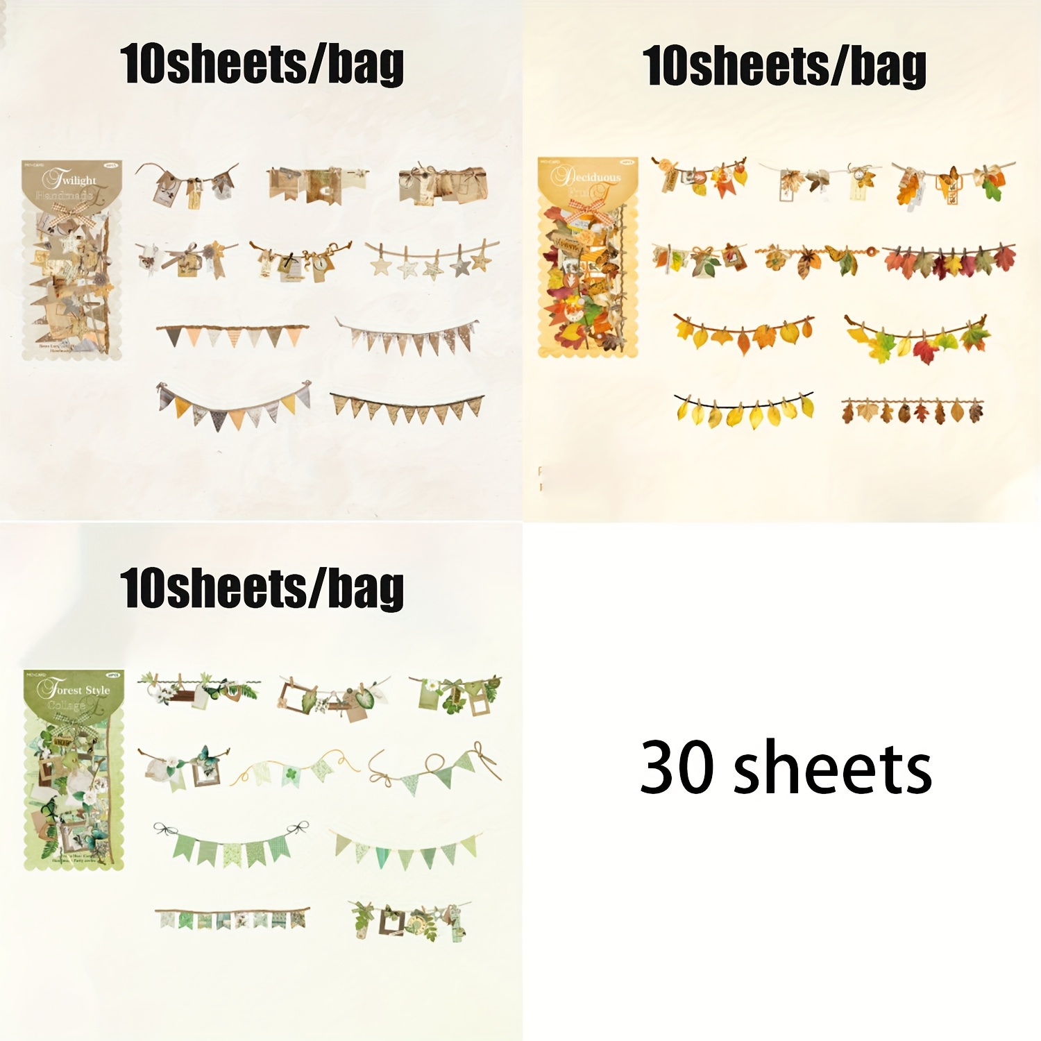 E-shop 30 Blätter/Beutel (3 Stile × je 10 Blätter), lange Streifen-Aufkleberpackung, Kraftpapier-Material, handgemachte Party-Serie,