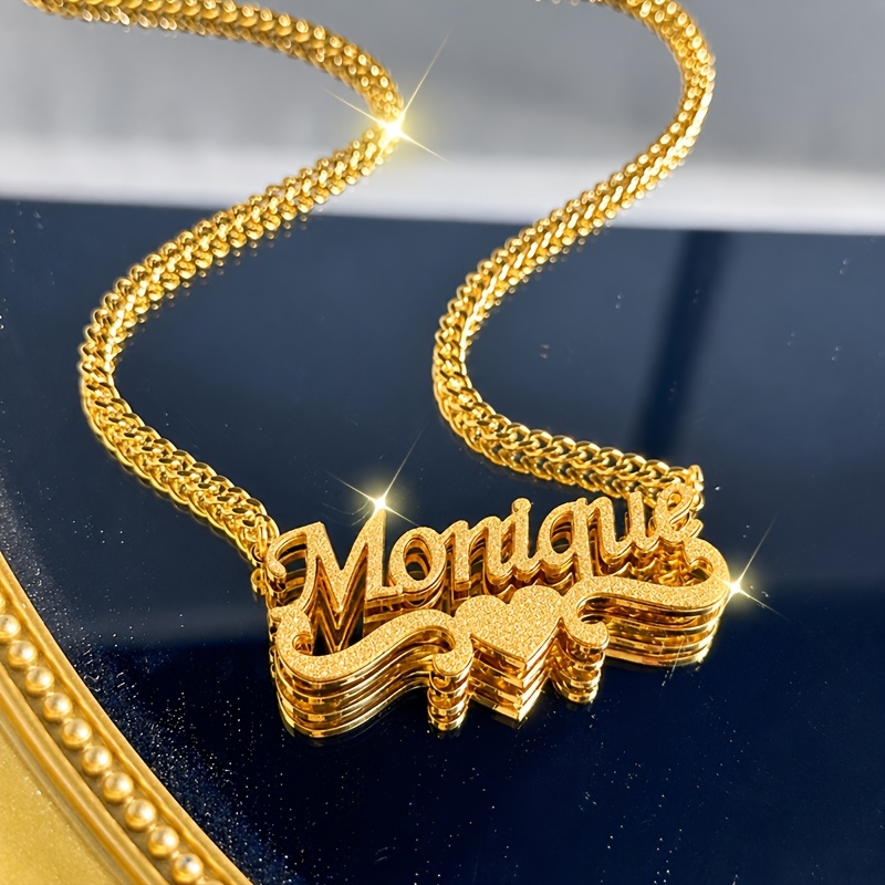 TEMU Custom Name Double-layer Necklace 304 Stainless Steel Cuban Chain Heart Crown 3d Nameplate Pendant 2025 New Necklace Summer Daily Wear