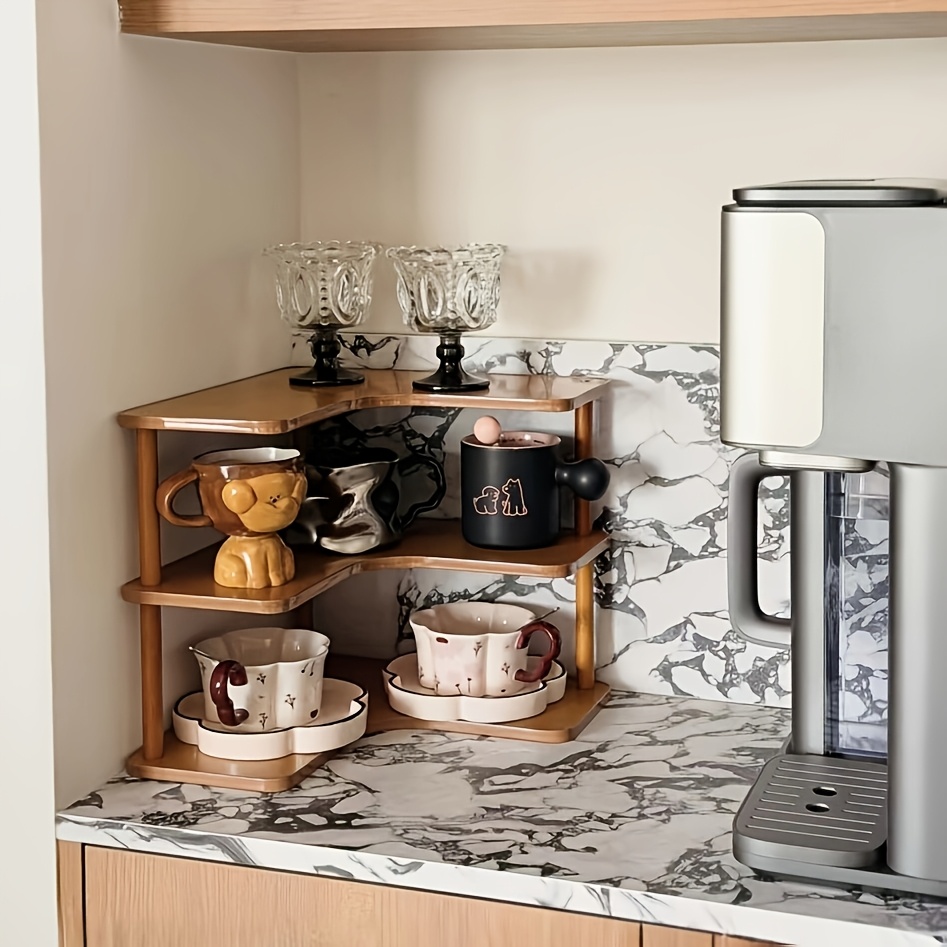 TEMU Three-tier Wooden Corner Shelf, Multifunctional Freestanding Kitchen Countertop Storage Rack, Ideal For Storing Seasonings, Figurines, Coffee