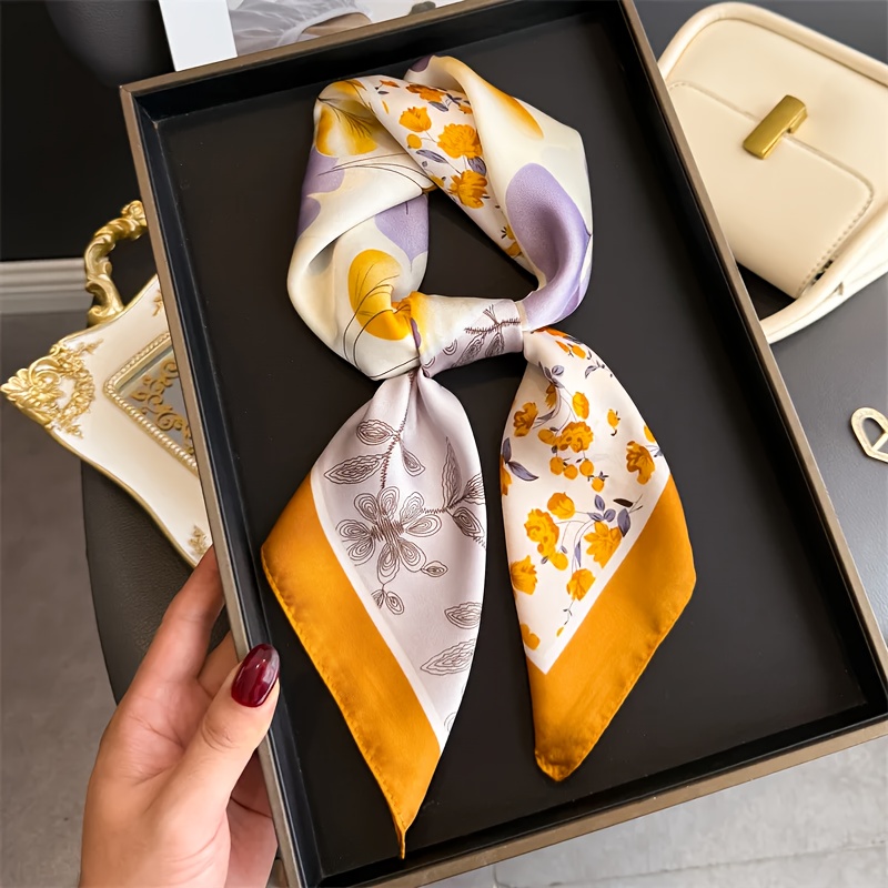TEMU Elegante bufanda cuadrada para mujer con estampado floral de plantas, y , chal pañuelo multifuncional, para todas