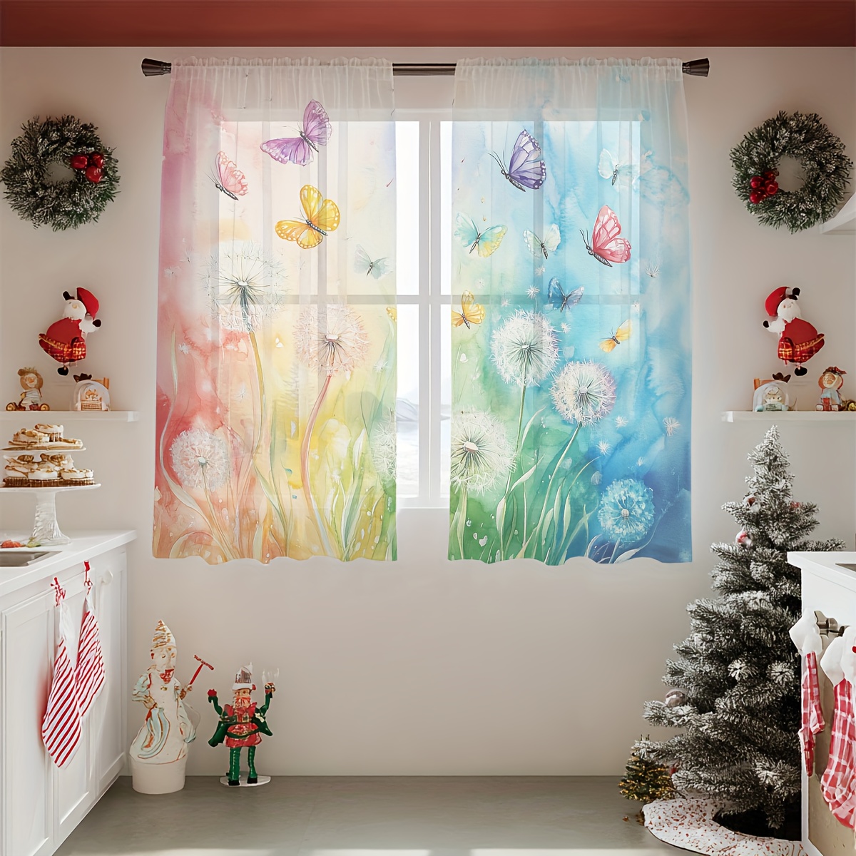 TEMU 2pcs Semi-sheer Window Curtains With Watercolor Floral & Dandelion Design - 100% Polyester Light Filtering Rod Pocket Curtains For Living Room,