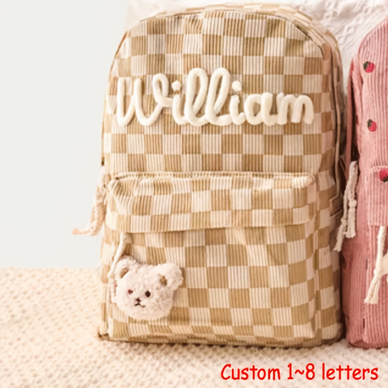 TEMU 1 Hand- Corduroy Strawberry Women's Backpack, Custom Knitted Letter Bag, With Bow/dinosaur/flower Back-to-school Bag Gift, Summer Camp Bag,