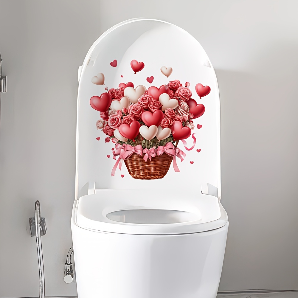 

1pc Valentine's Day Toilet Lid Decal, Basket With Hearts Design, Waterproof Removable Pvc Bathroom Decoration, Self-adhesive Plastic Sticker, Matte , Single Use