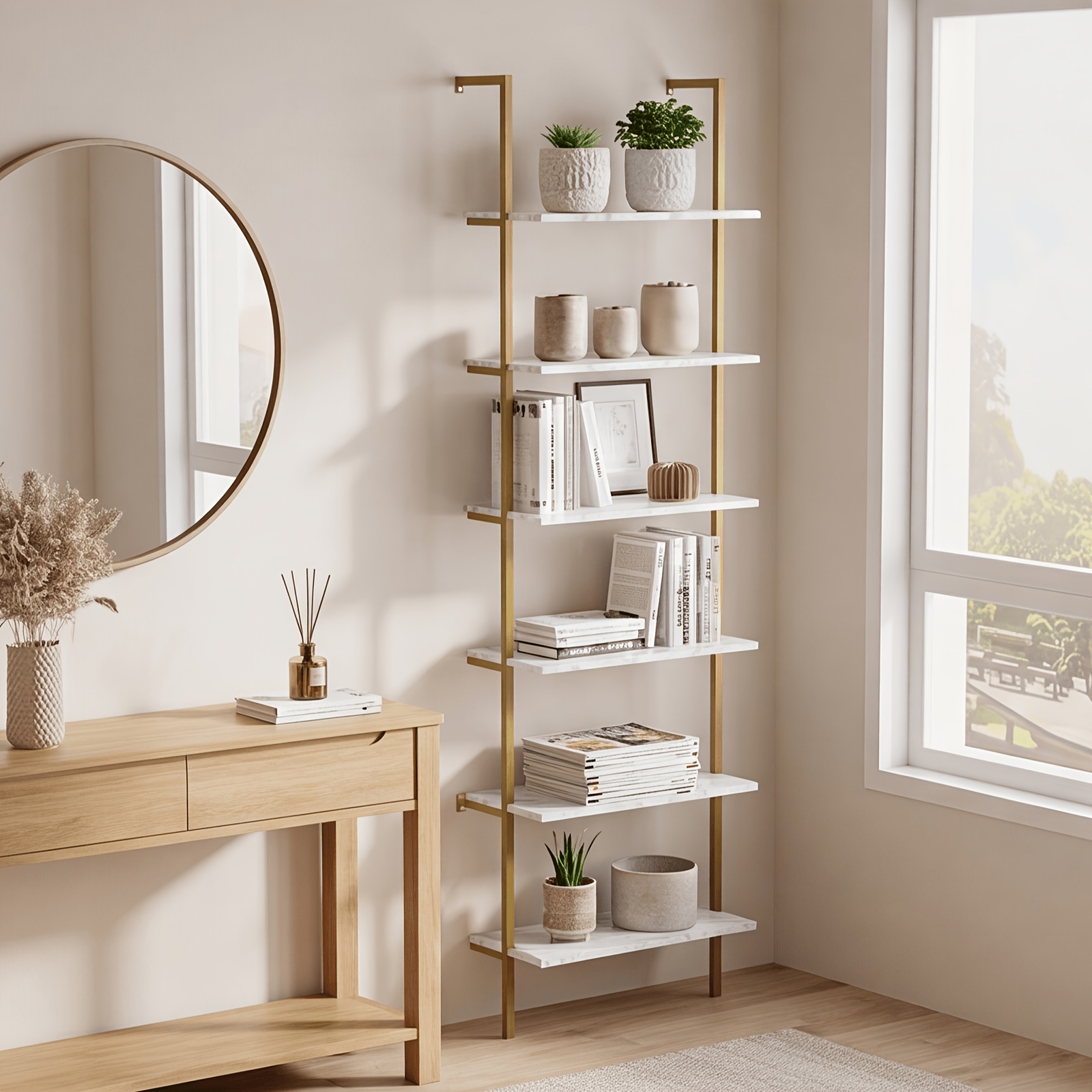 6 Tier Industrial Wall Mounted Shelves, White Faux Marble Floating Shelves, Open Storage Display Plant Rack for Living Room Kitchen Bedroom Office