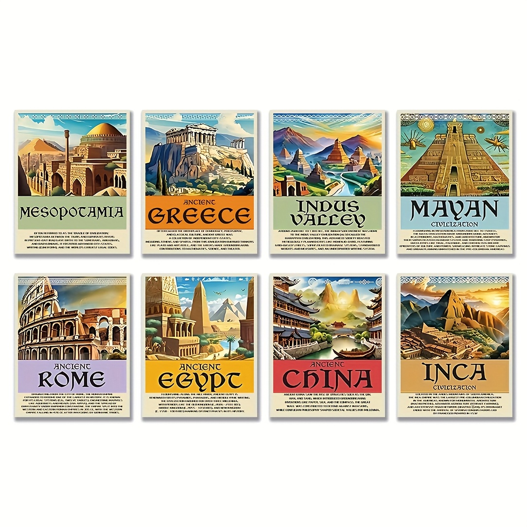 TEMU 8pcs Frameless Ancient Educational Posters - 8x10 Inch Classroom Decor, Wall Art Prints With Detailed Landmarks (, Egypt, Greece, Rome, China,