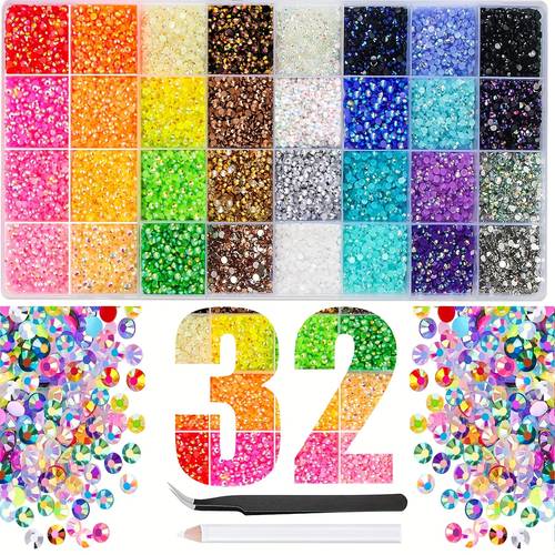 32 colors resin jelly rhinestones for bedazzling 3mm multicolor flatback synthetic gemstones for crafting kit with pick up pen and tweezer for clothes book shoes nails art makeup