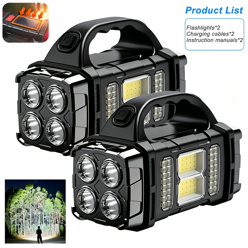TEMU Torcia solare multifunzionale 2 pezzi, 4 LED + luce da campeggio COB, modalit� / caldo, supporta la ricarica solare e USB, torcia portatile, per
