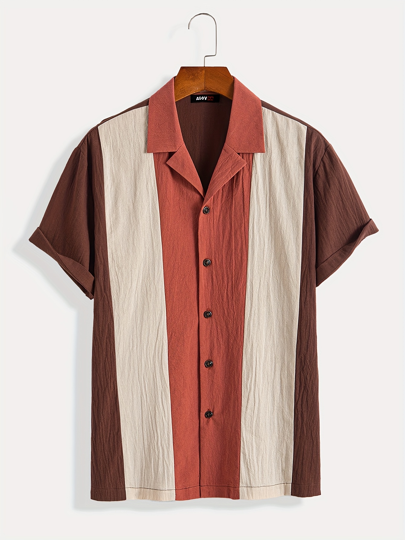 Men's Casual Button-Up Shirt - Brown & beige color-block design, Lightweight Non-Stretch Fabric for Summer Office, Semi-Formal Events - Easy Care Everyday Blouse, Warm Weather Outfit, Textured Pattern, Breathable Material, Short Sleeve Top, Office Professionals