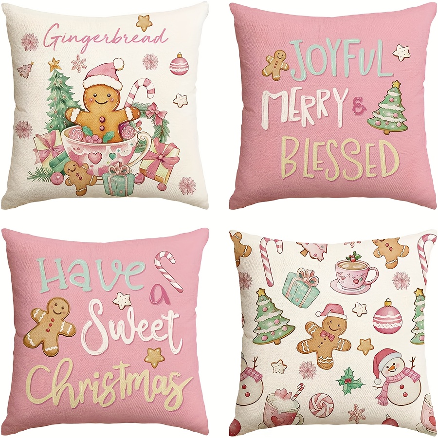 4pcs, Christmas Gingerbread Man Snowman Candy Cane Pink Throw Pillow Covers, Seasonal Sweet Cushion Case Decoration For Sofa Couch