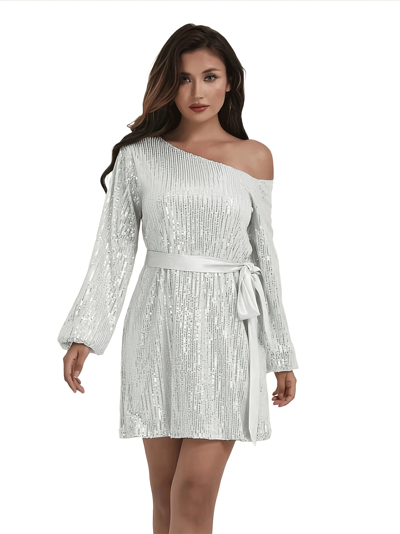 elegant shoulder sequin tunic dress women casual polyester Temu
