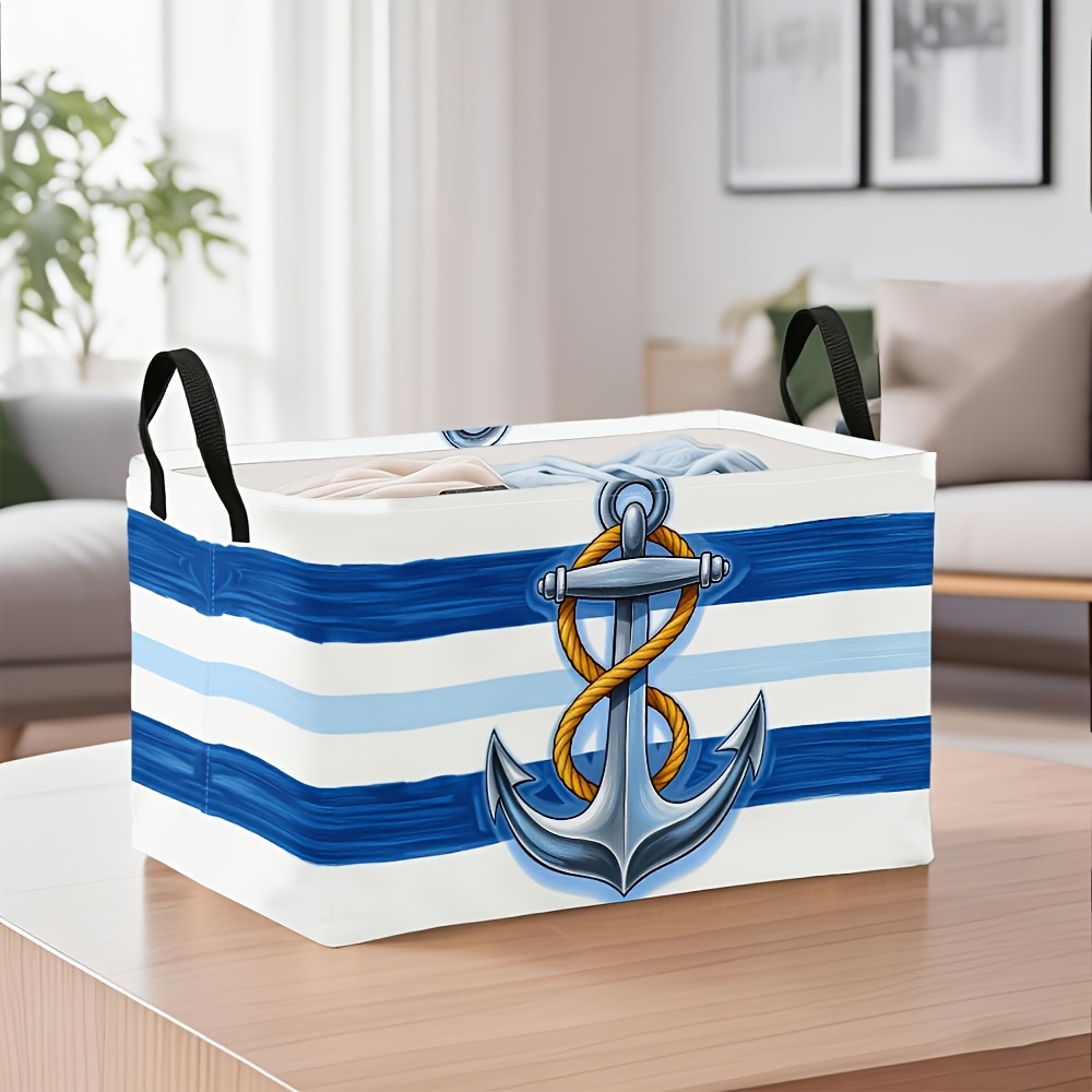 TEMU 1 pièce Bac de rangement à imprimé et rayures bleues et blanches, paniers d'étagère pliables en tissu à poignées avec motif océan côtier pour de