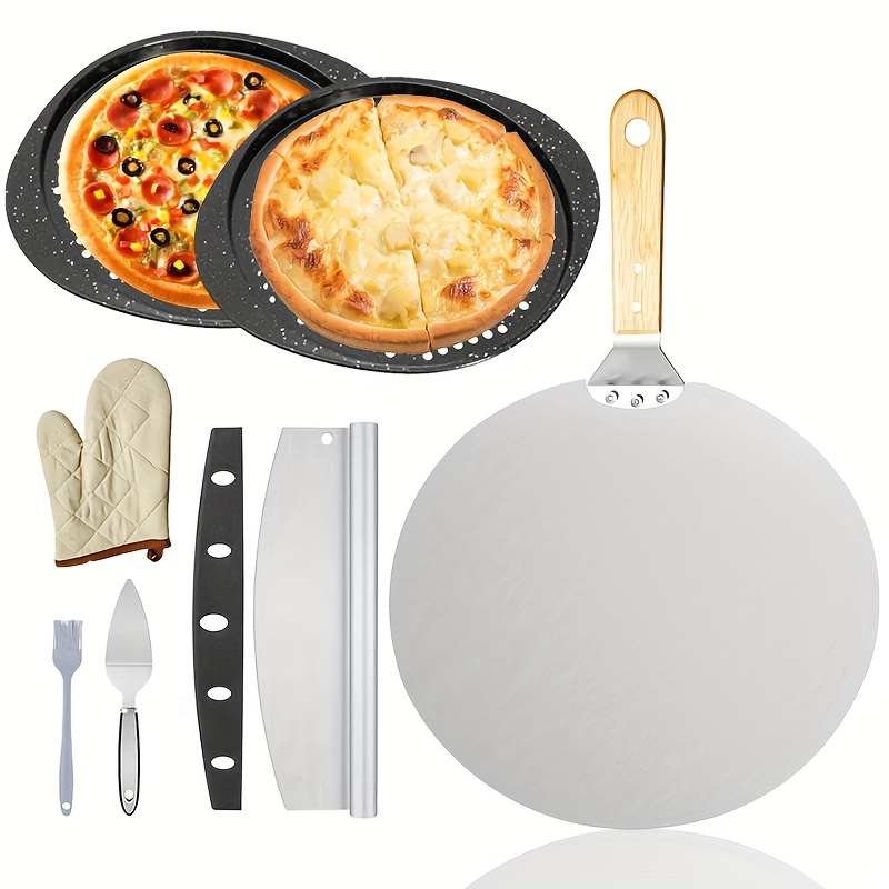 TEMU Pizza 7pcs Pizza Peel Pizza Pan Set, 12" X 14" Pizza Spatula, Aluminum Pizza Paddle With Rocker Cutter Scraper Pie Server Oil Brush, Pizza Oven