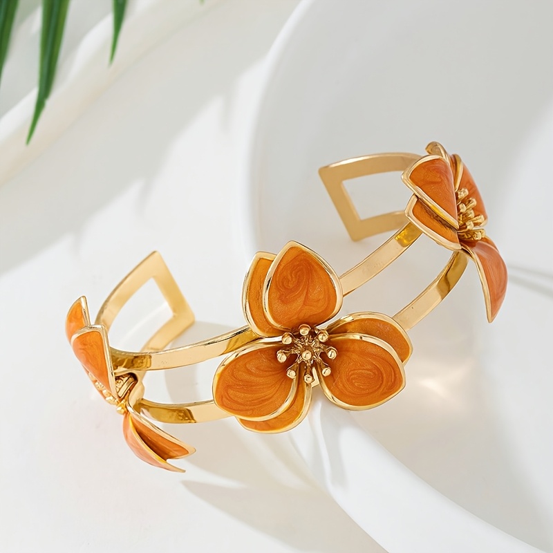TEMU Elegant Floral Open Cuff Bracelet For Women - Chic Golden-tone Alloy With Blue Enamel Flowers, Weddings, Parties & , Vacation Accessory|elegant