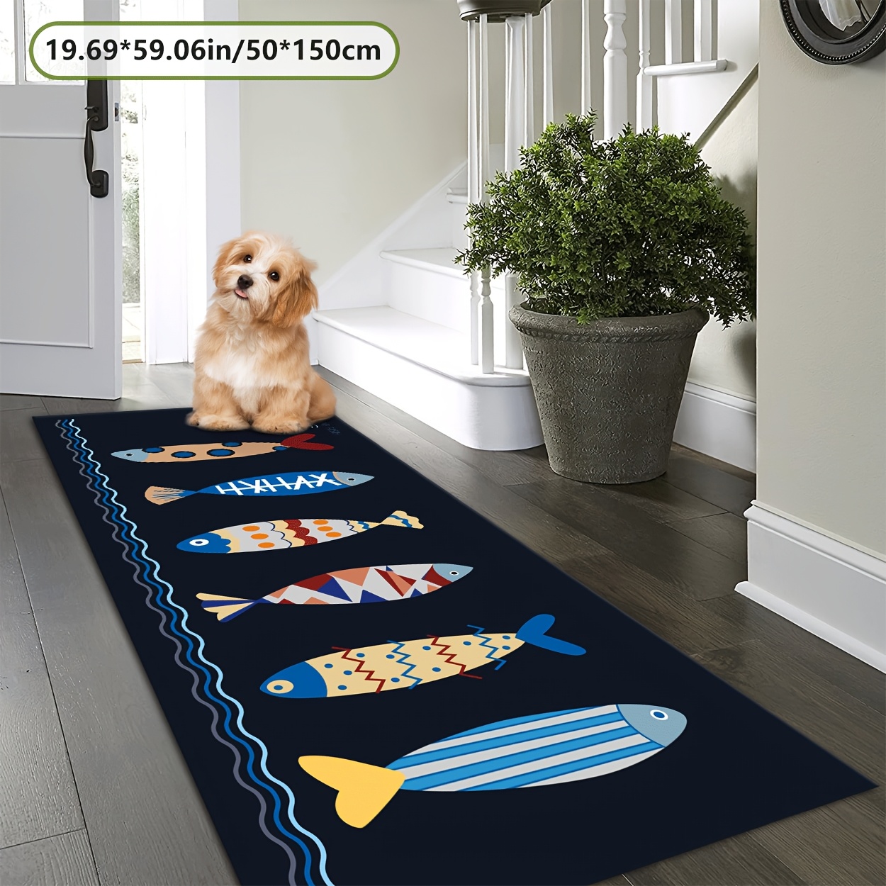 TEMU Tapis Moderne Motif Poisson Bleu | Multi-Scènes Adapté, Lavable en Machine, Antidérapant, Pile Basse en Polyester pour Salon, Cuisine, Couloir,