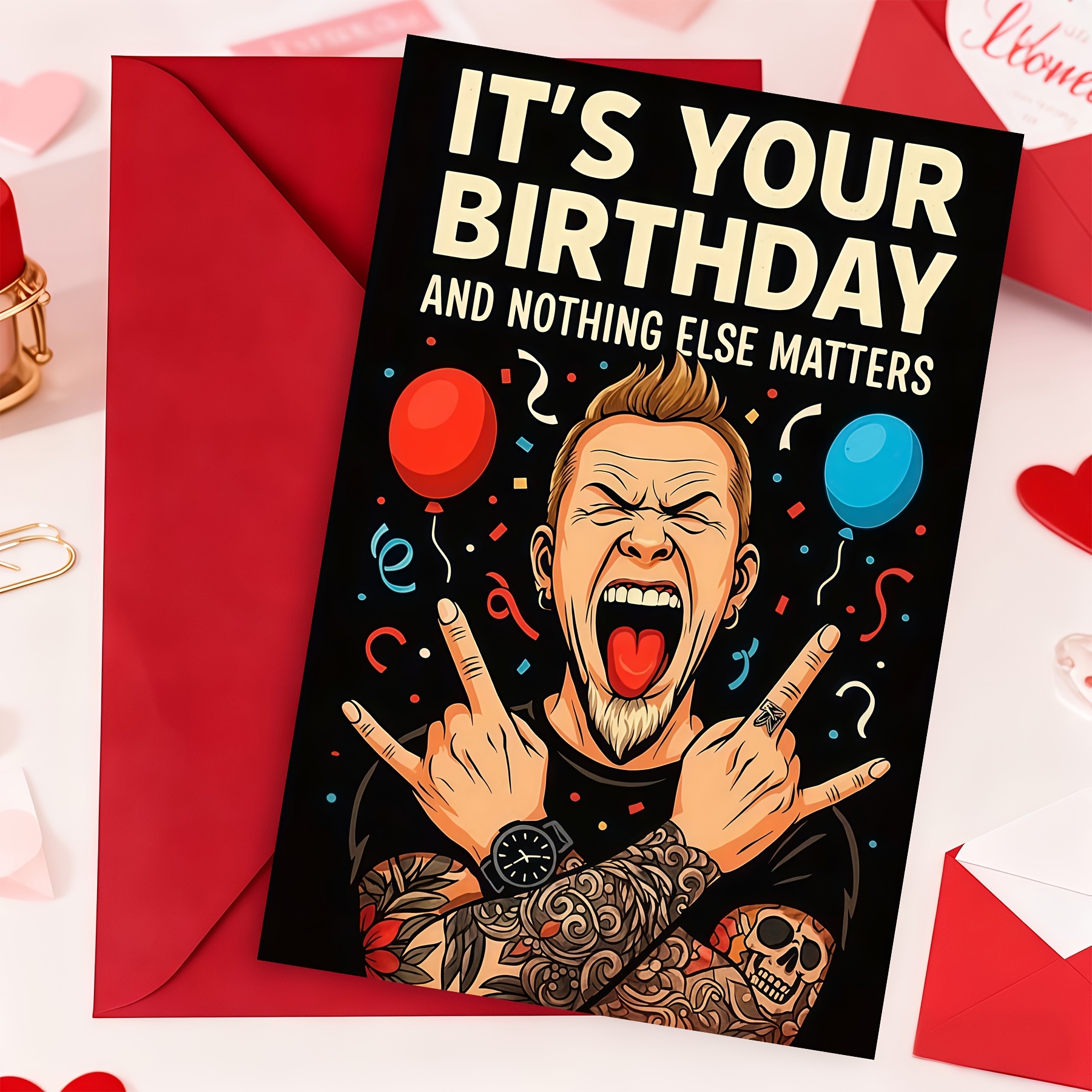 Birthday Card, Rock N Roll Heavy Metal Themed Greeting Card With Envelope, Edgy Tattooed Rocker " Your Birthday And " Wishing Card For Birthday Celebration