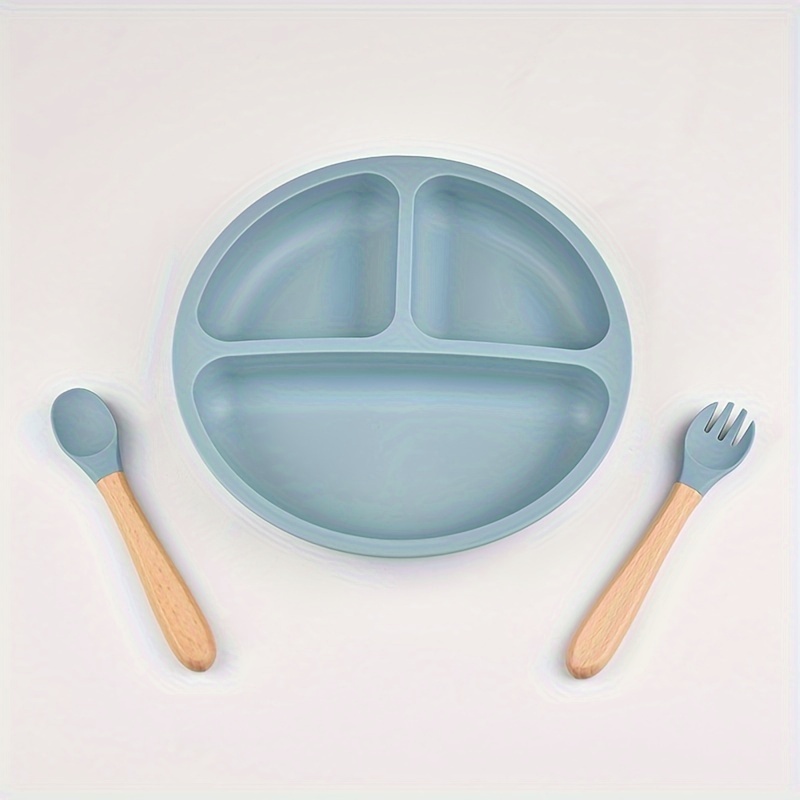 Silicone Baby Feeding Set 3-piece – Suction Divider Plate With Training Spoon And Fork For Infants & Toddlers,, Non-toxic Flatware Set For Self-feeding – Mixed Color Suitable For 0-3 Years Old