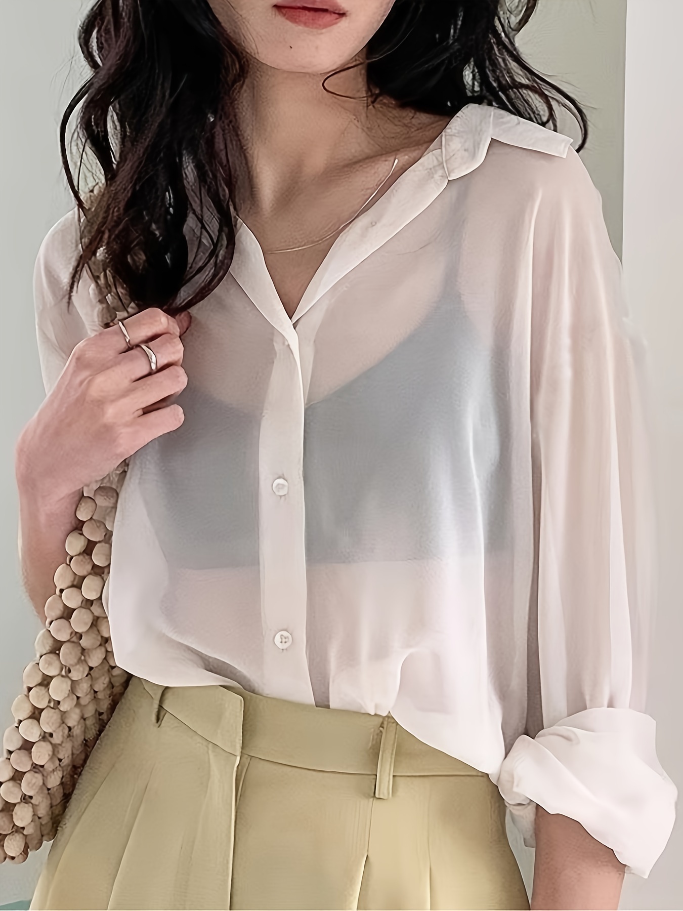 Chiffon Button Front Semi-sheer Blouse, Sexy Short Sleeve Top For Spring & Summer, Women's Clothing