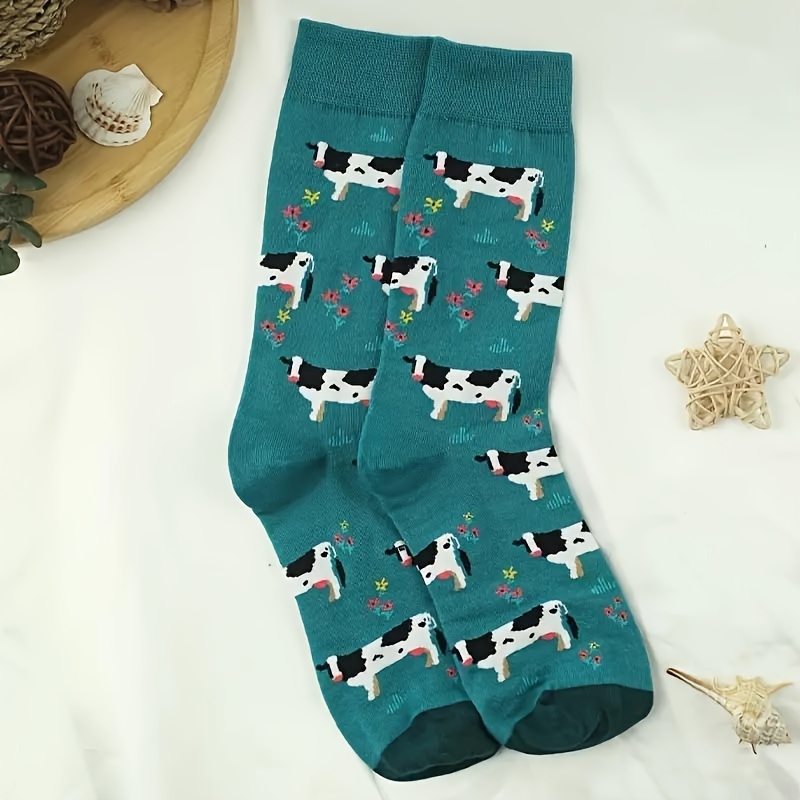 

Men's Fashion Cartoon Cow Pattern Mid-calf Crew Socks - Breathable Comfort Knit Polyester Hosiery, Machine Wash - Single Pair